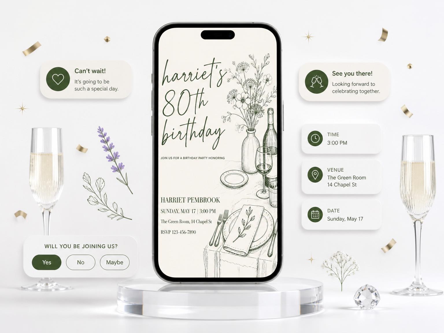 The Ink Botanical Bistro 80th Birthday Invitation invitation on a phone, with guest RSVPs arriving around it