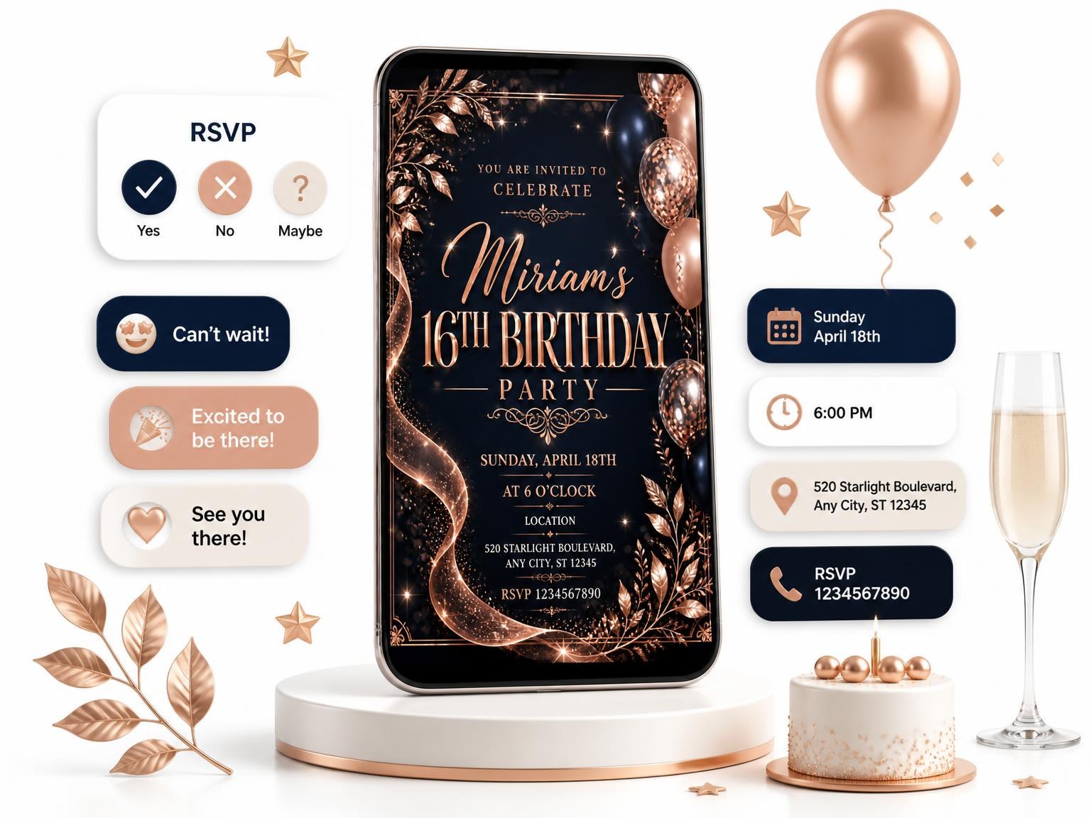 The Navy and Rose Gold 16th Birthday Invitation invitation on a phone, with guest RSVPs arriving around it