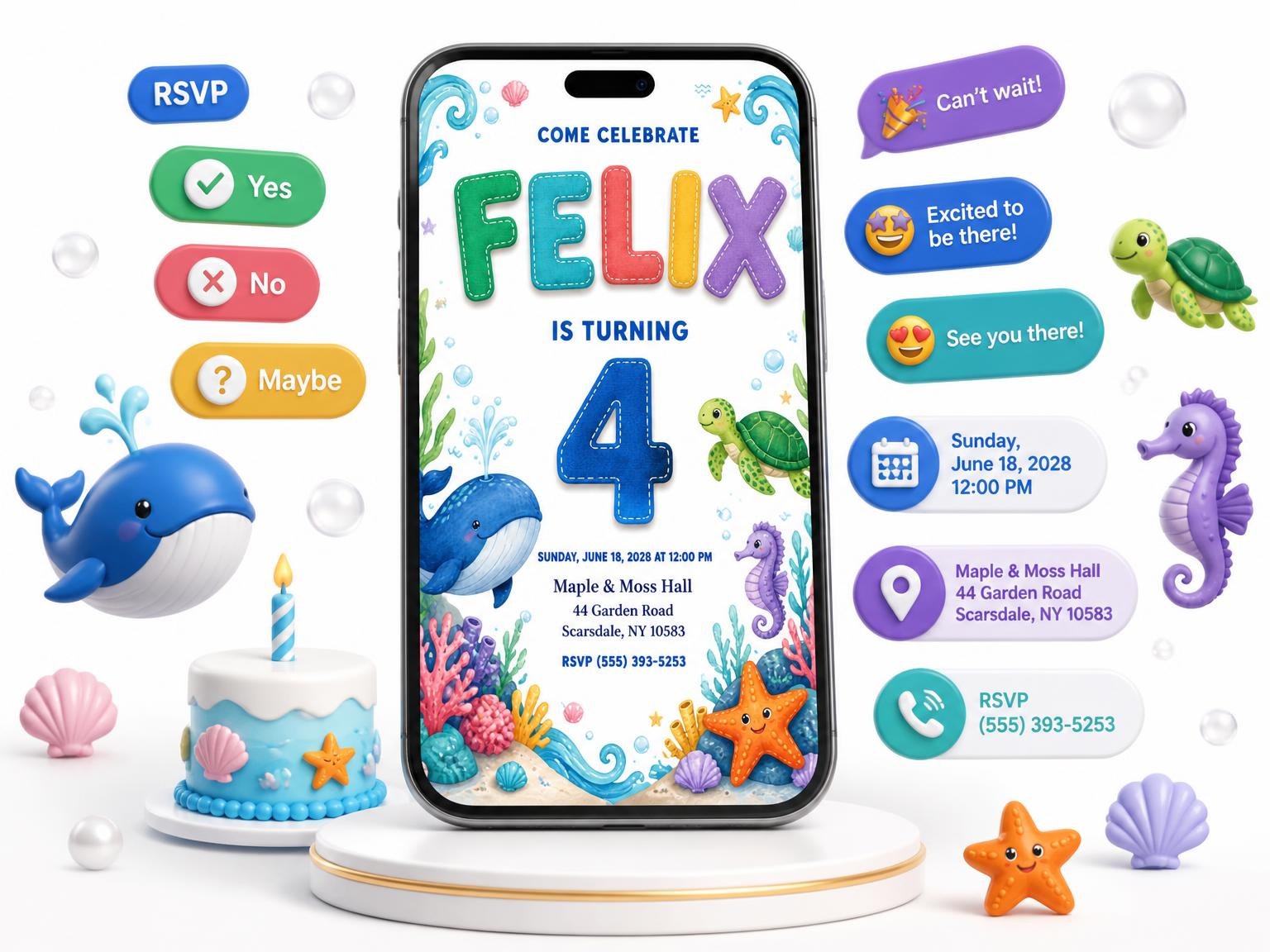 The Stitched Under the Sea 4th Birthday Invitation invitation on a phone, with guest RSVPs arriving around it