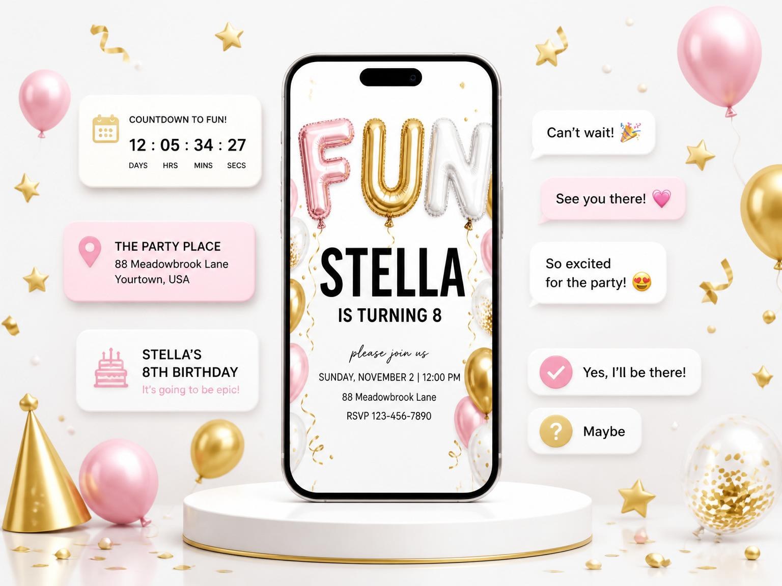 The Pink Gold Balloon 8th Birthday Invitation invitation on a phone, with guest RSVPs arriving around it
