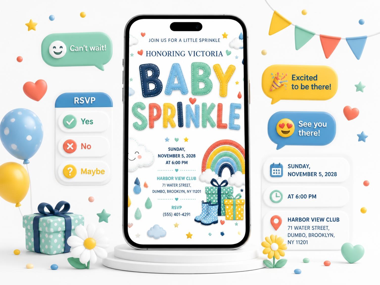 The Smiling Cloud Baby Sprinkle Invitation invitation on a phone, with guest RSVPs arriving around it