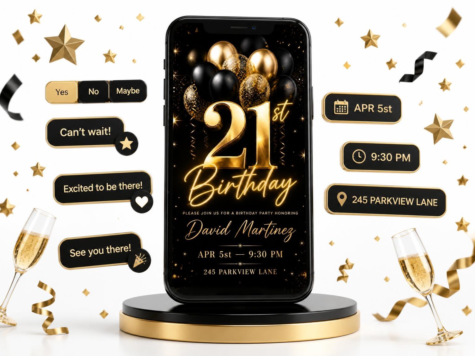 The Black and Gold Balloon 21st Birthday invitation on a phone, with guest RSVPs arriving around it
