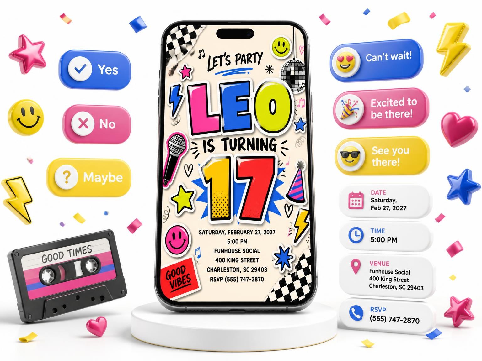 The Sticker Pop 17th Birthday Invitation invitation on a phone, with guest RSVPs arriving around it
