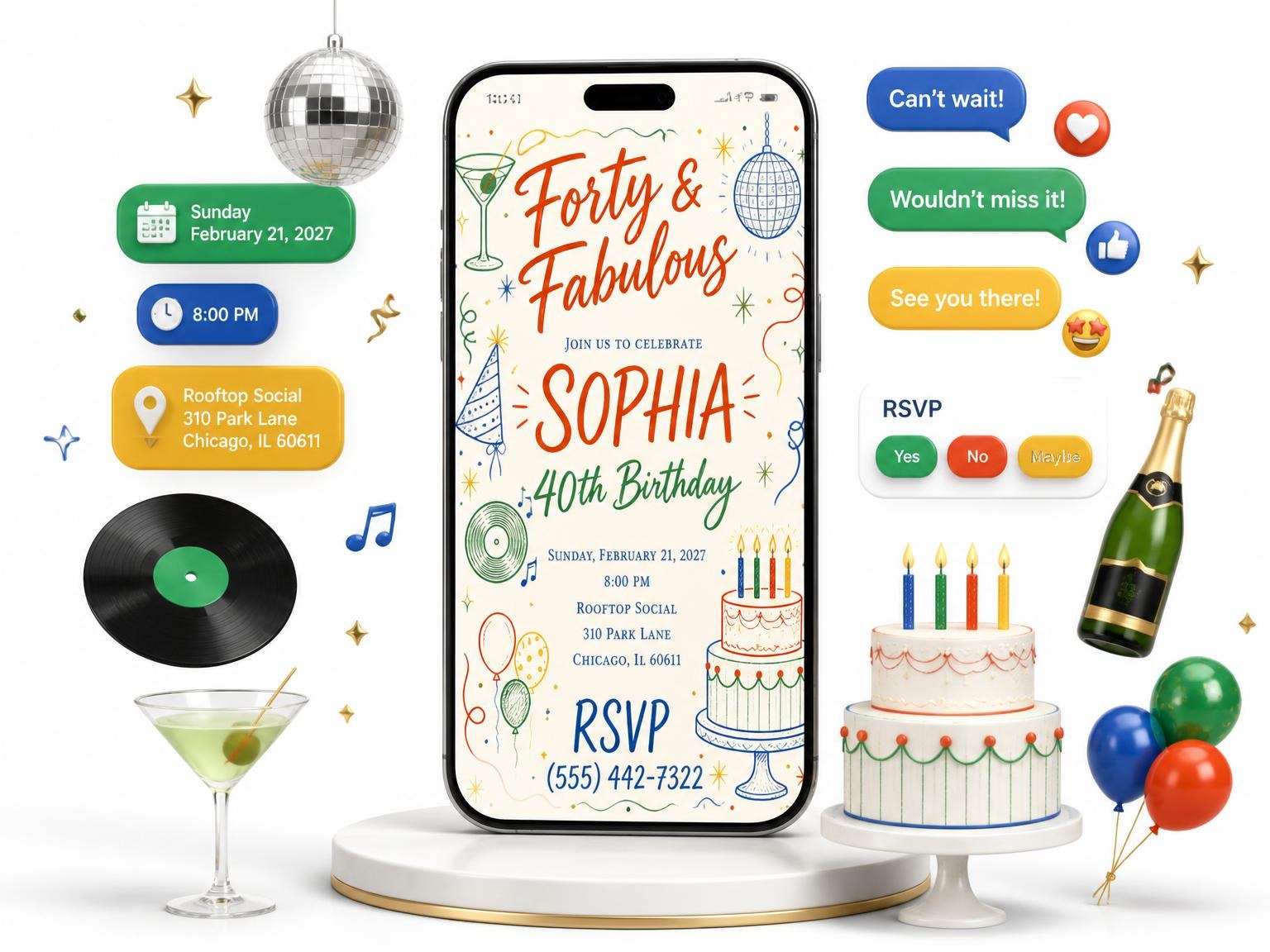 The Retro Doodle 40th Birthday Invitation invitation on a phone, with guest RSVPs arriving around it
