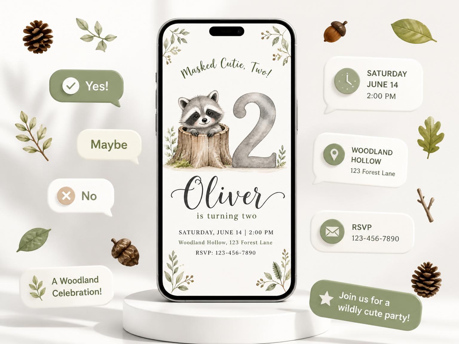 The Watercolor Raccoon Woodland 2nd Birthday invitation on a phone, with guest RSVPs arriving around it