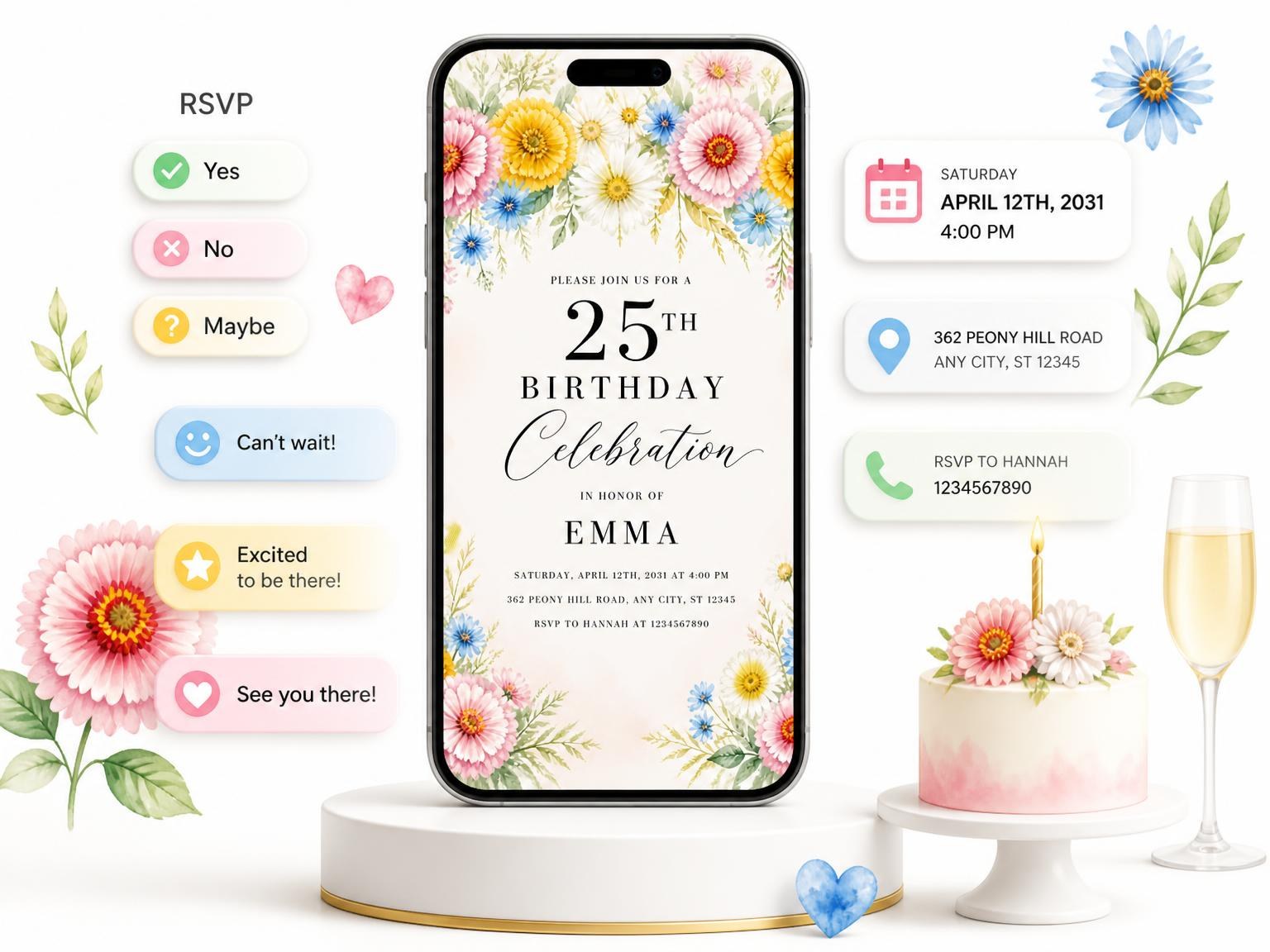 The Spring Wildflowers Foliage 25th Birthday Invitation invitation on a phone, with guest RSVPs arriving around it