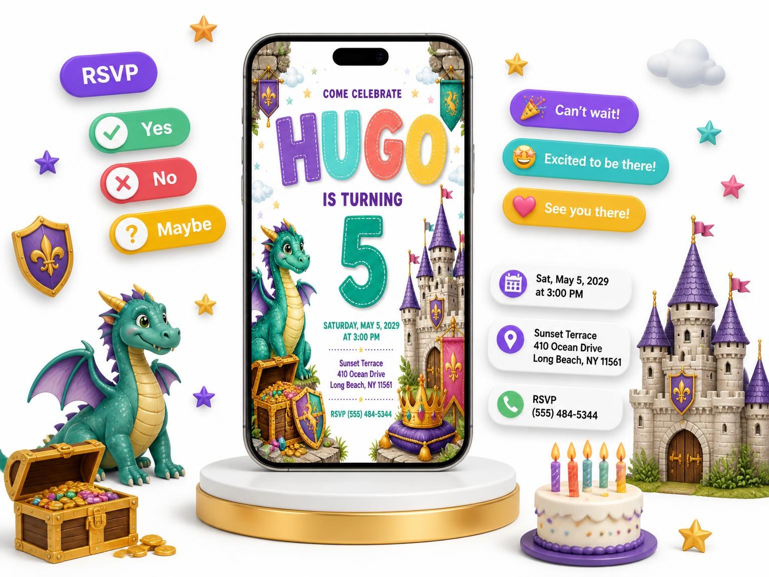 The Stitched Dragon Castle 5th Birthday Invitation invitation on a phone, with guest RSVPs arriving around it