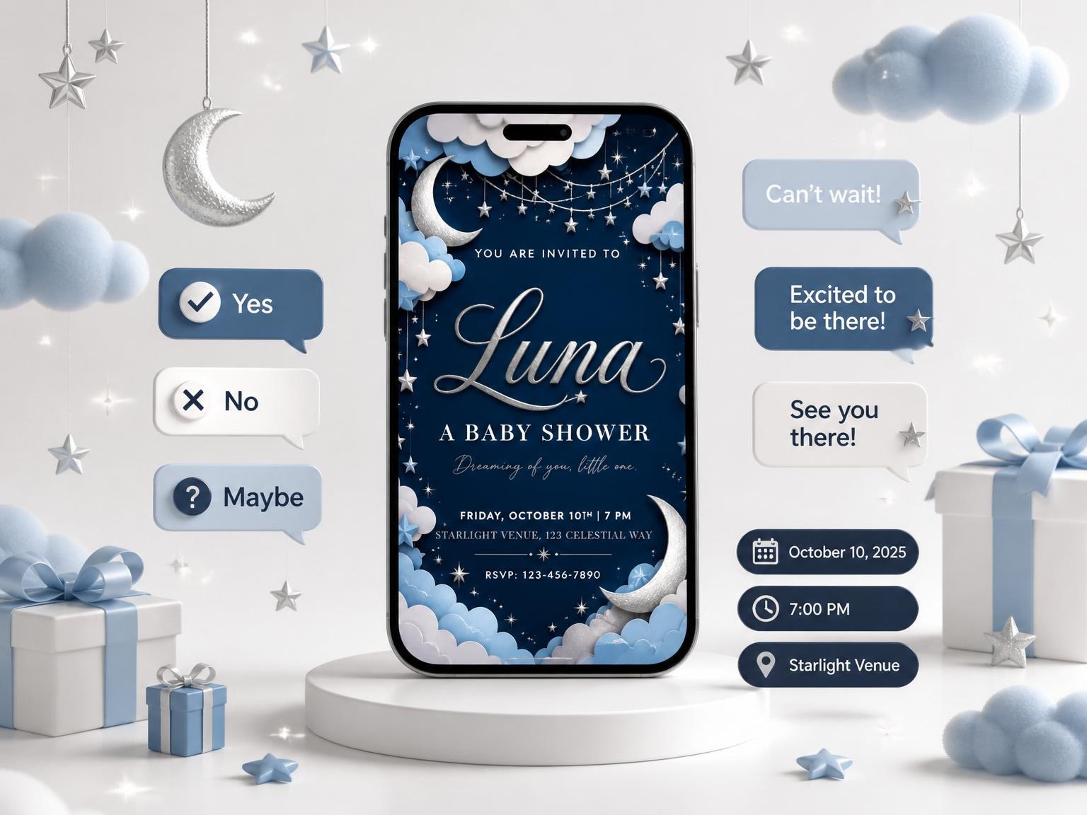 The Navy Paper-Cut Moon Baby Shower invitation on a phone, with guest RSVPs arriving around it