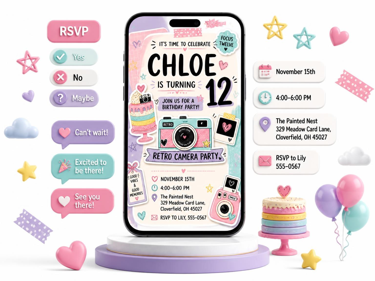 The Pink Camera Pastel 12th Birthday Invitation invitation on a phone, with guest RSVPs arriving around it