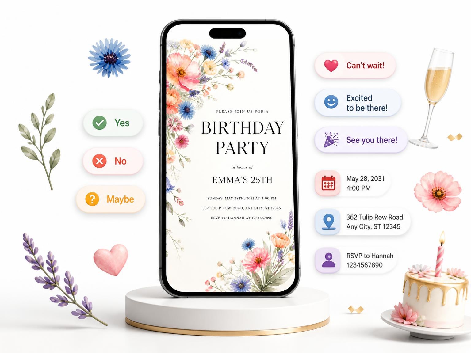 The Pastel Botanical Bouquet 25th Birthday Invitation invitation on a phone, with guest RSVPs arriving around it