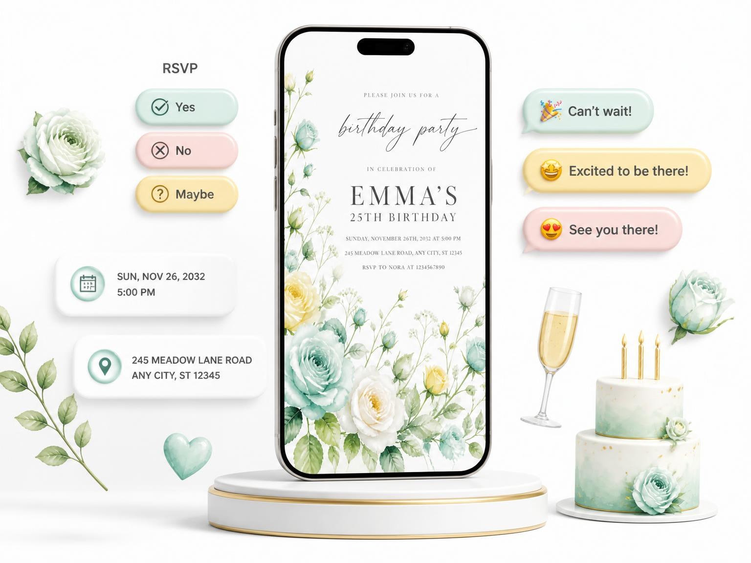 The Garden Mint 25th Birthday Invitation invitation on a phone, with guest RSVPs arriving around it