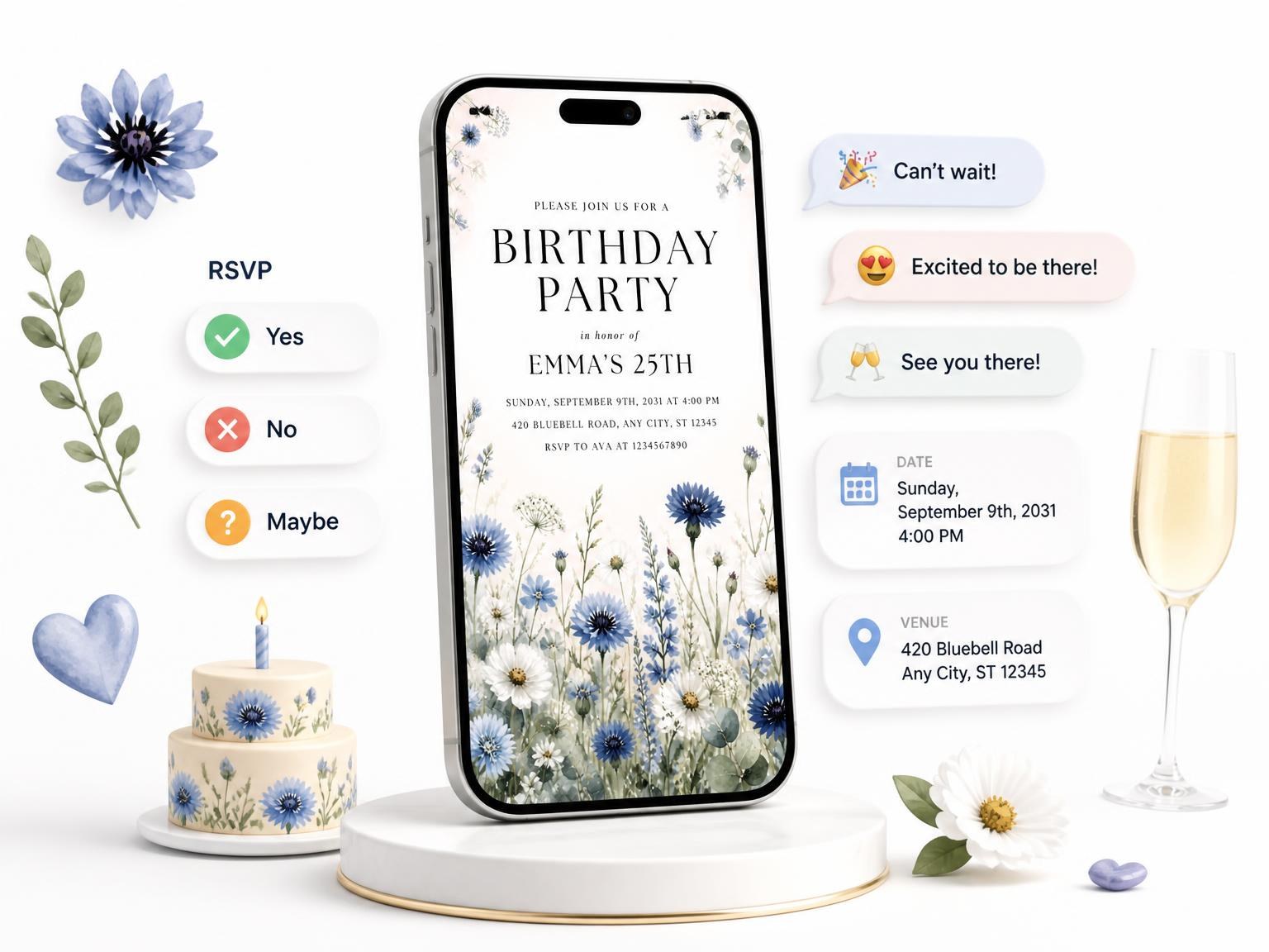 The Wildflowers Dusty Blue 25th Birthday Invitation invitation on a phone, with guest RSVPs arriving around it