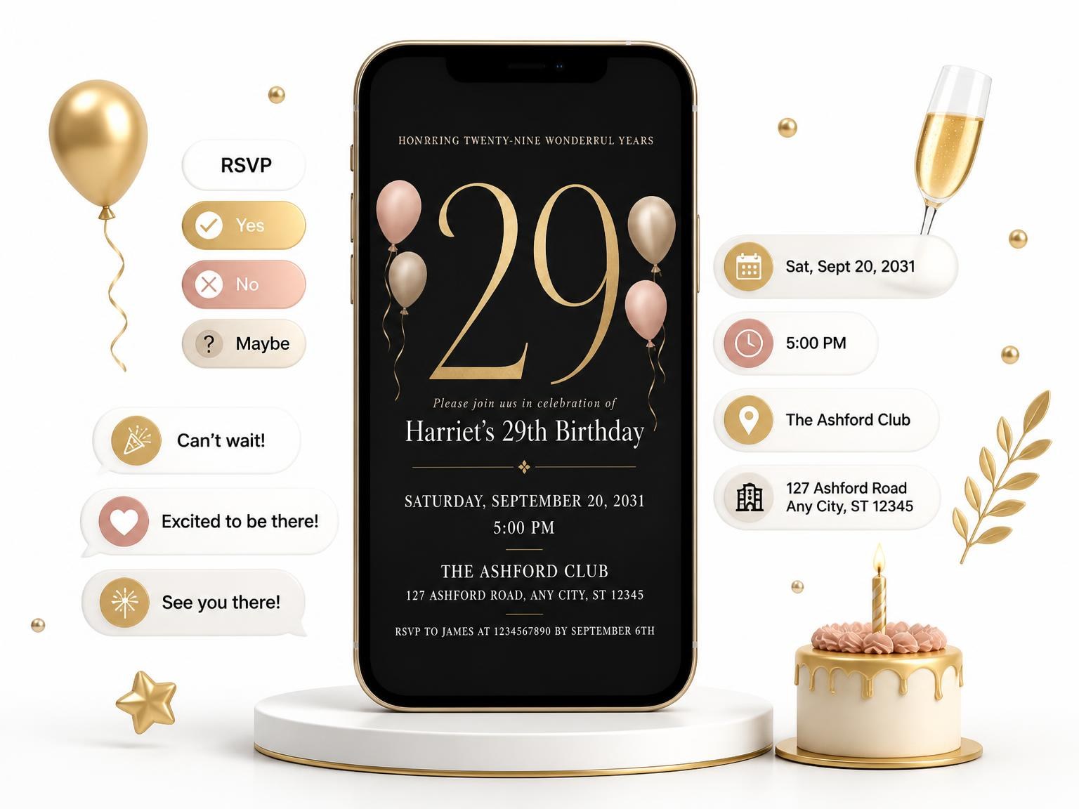 The Charcoal and Blush 29th Birthday Invitation invitation on a phone, with guest RSVPs arriving around it