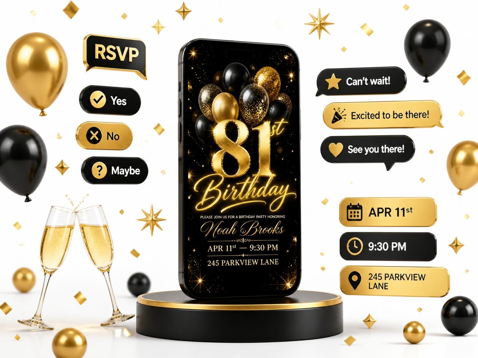 The Black and Gold Balloon 81st Birthday invitation on a phone, with guest RSVPs arriving around it