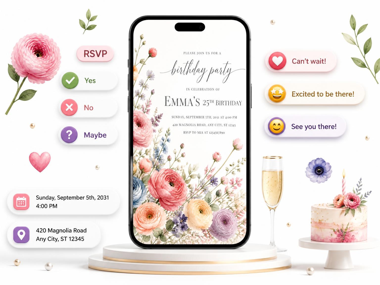 The Pastel Botanical Meadow 25th Birthday Invitation invitation on a phone, with guest RSVPs arriving around it