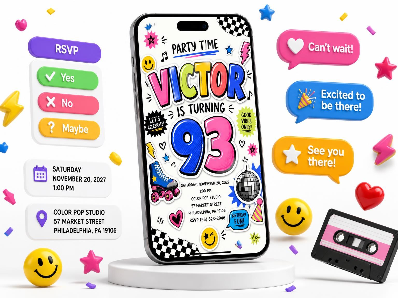 The Sticker Pop 93rd Birthday Invitation invitation on a phone, with guest RSVPs arriving around it