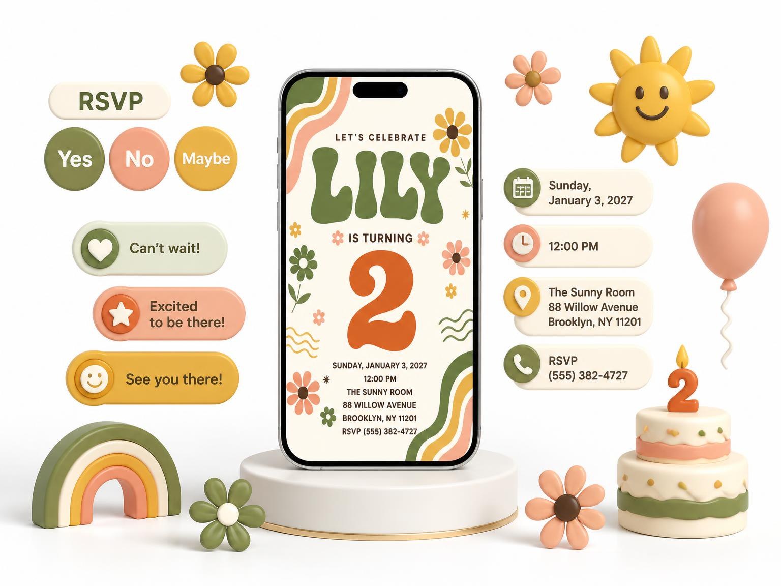 The Rainbow Bands Groovy 2nd Birthday Invitation invitation on a phone, with guest RSVPs arriving around it
