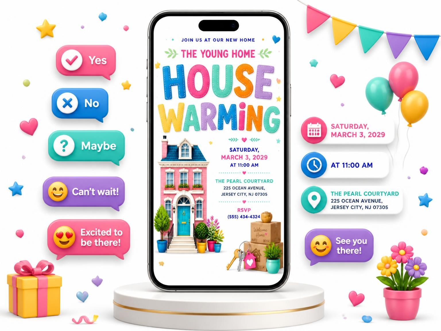 The Pink Townhouse Housewarming Invitation invitation on a phone, with guest RSVPs arriving around it