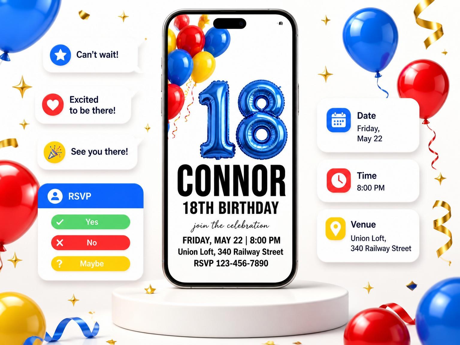 The Primary Color Balloon 18th Birthday invitation on a phone, with guest RSVPs arriving around it