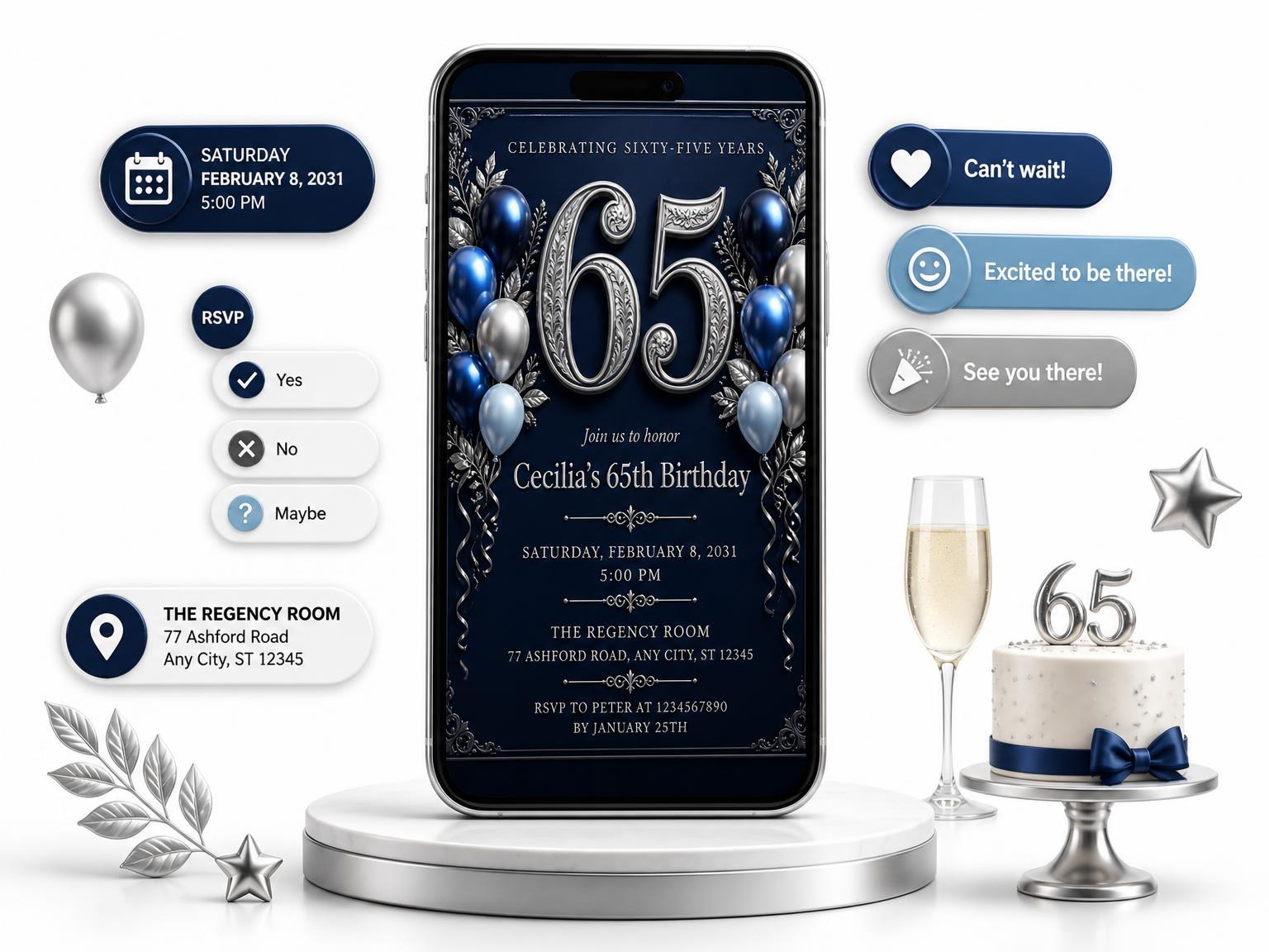 The Navy and Silver 65th Birthday Invitation invitation on a phone, with guest RSVPs arriving around it