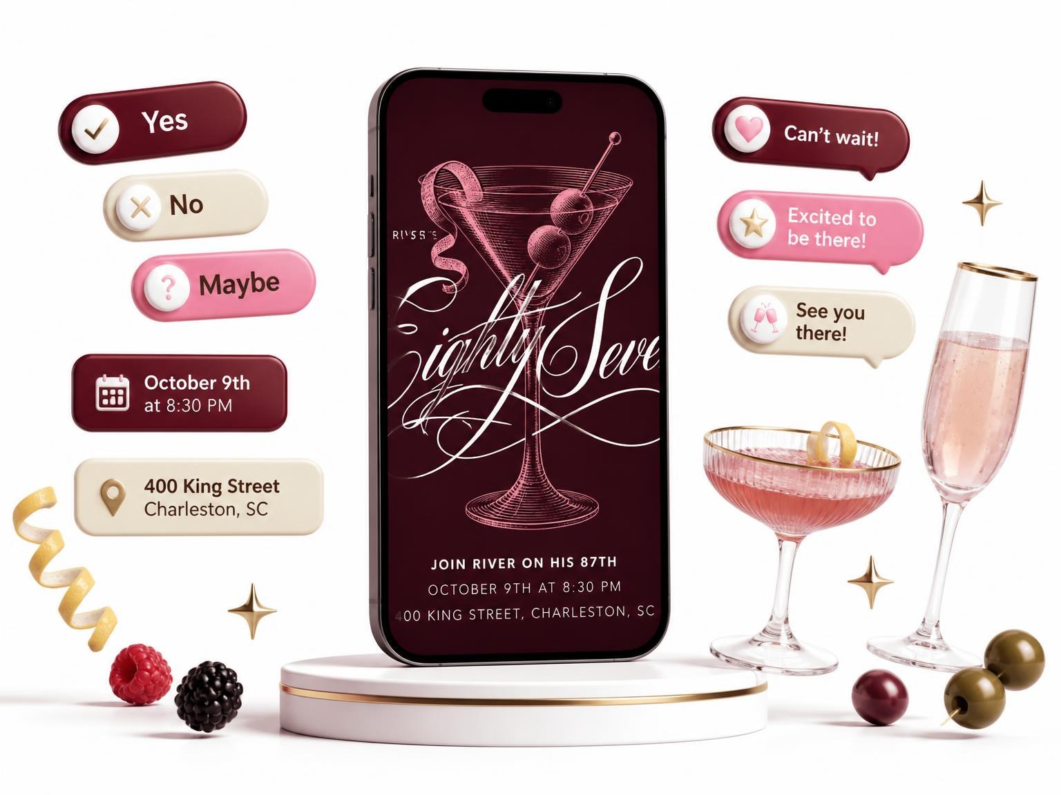 The Burgundy Cocktail 87th Birthday Invitation invitation on a phone, with guest RSVPs arriving around it