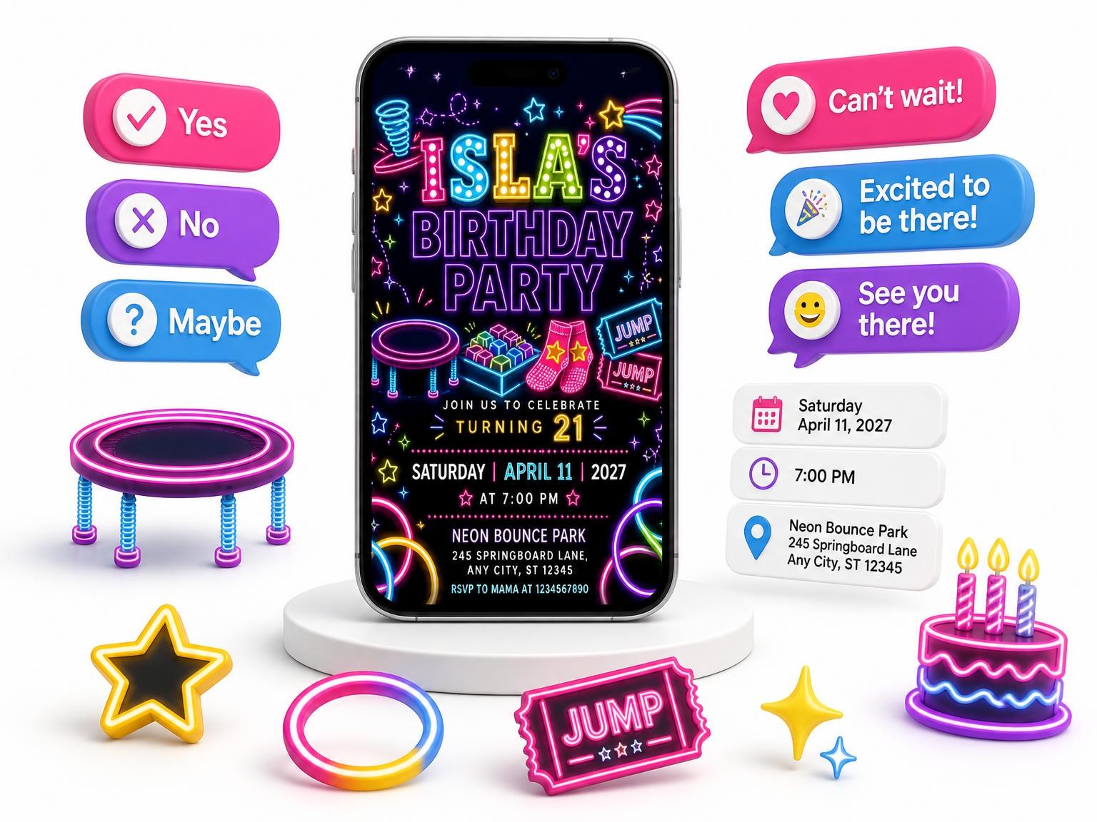 The Neon Trampoline 21st Birthday Invitation invitation on a phone, with guest RSVPs arriving around it