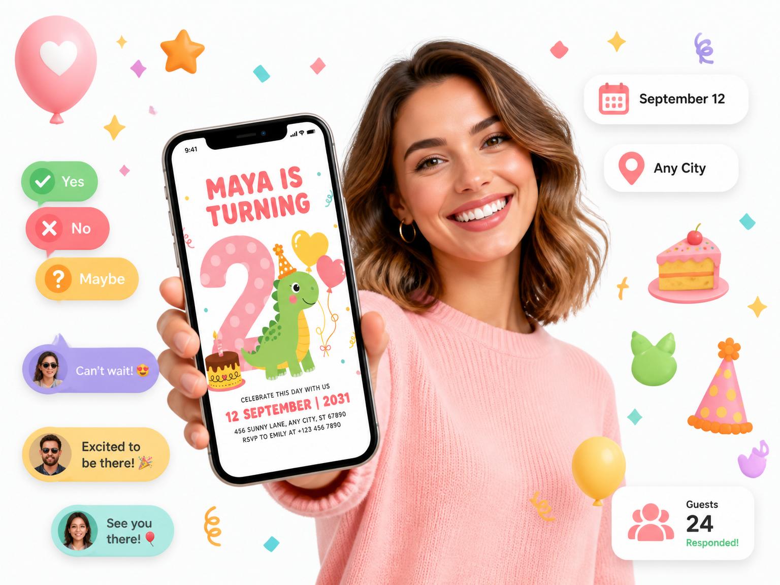 The Cute Dino Party Birthday Invitation invitation on a phone, with guest RSVPs arriving around it