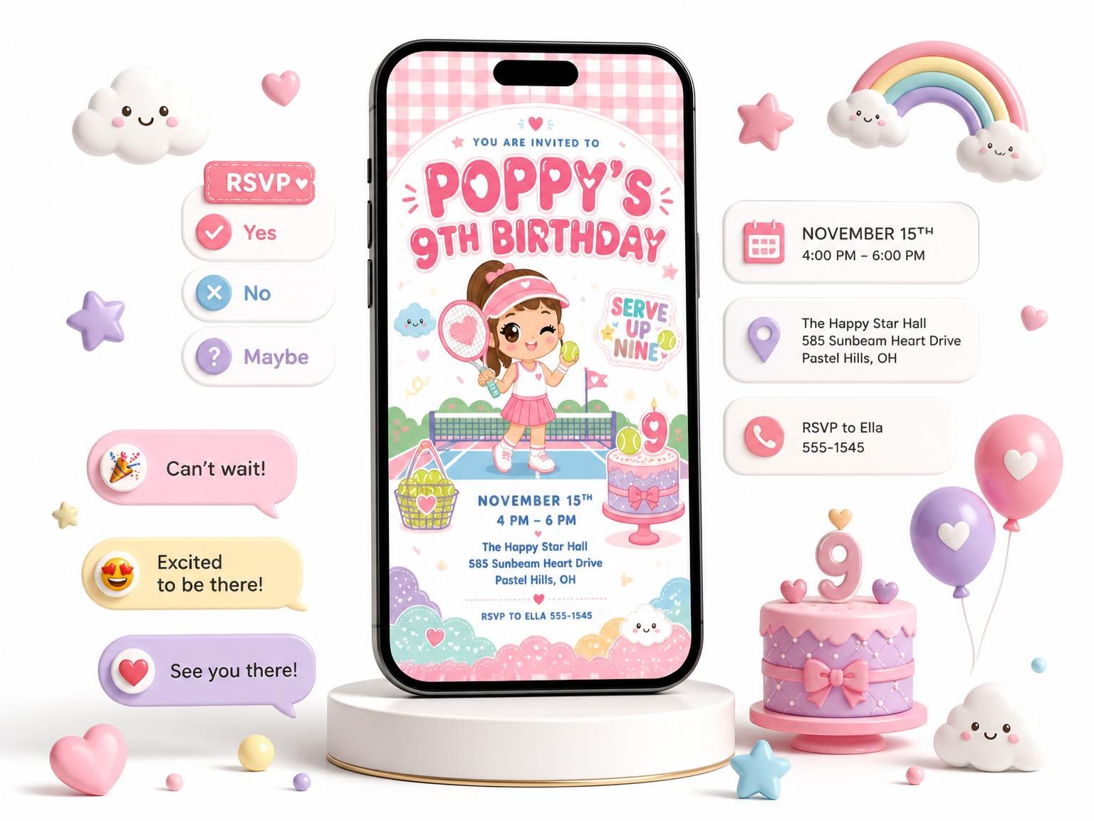 The Court Net Kawaii Pastel 9th Birthday Invitation invitation on a phone, with guest RSVPs arriving around it