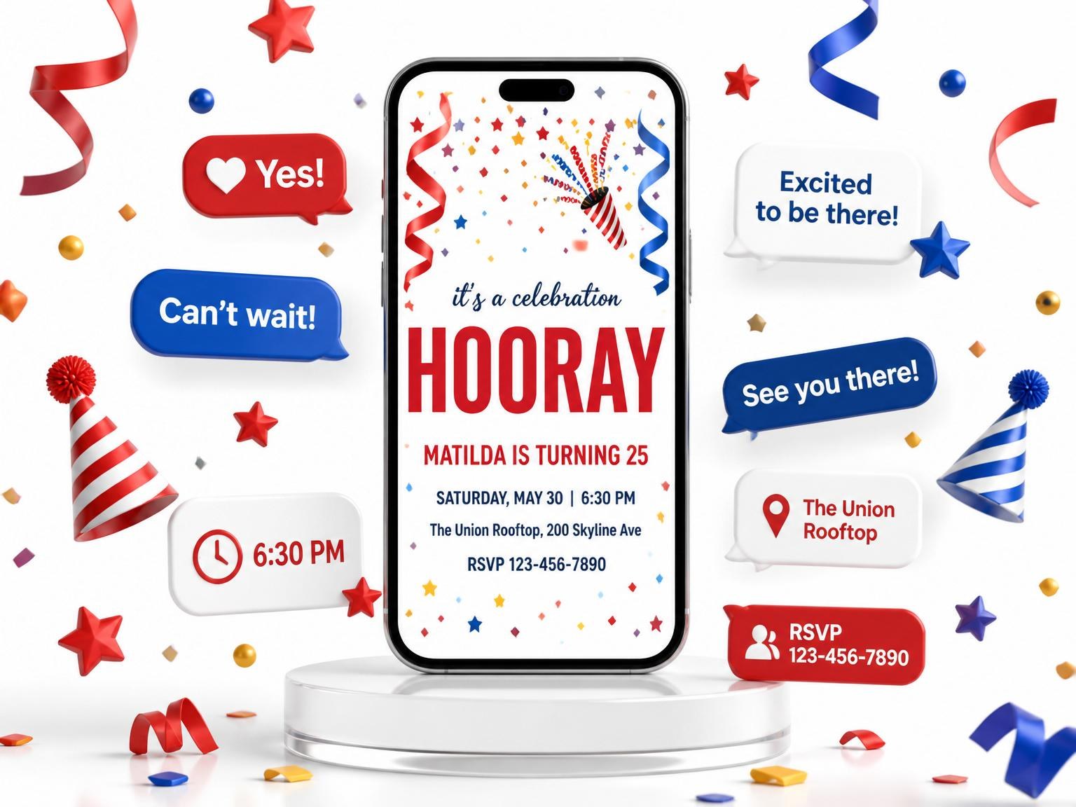 The Red and Blue Streamer 25th Birthday invitation on a phone, with guest RSVPs arriving around it