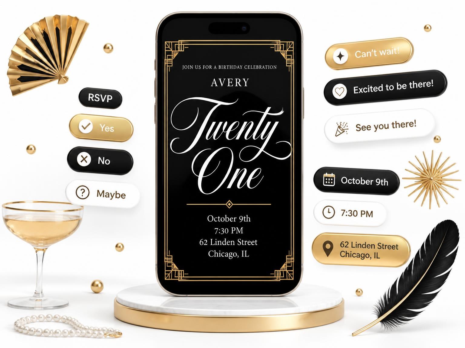 The Art Deco 21st Birthday Invitation invitation on a phone, with guest RSVPs arriving around it