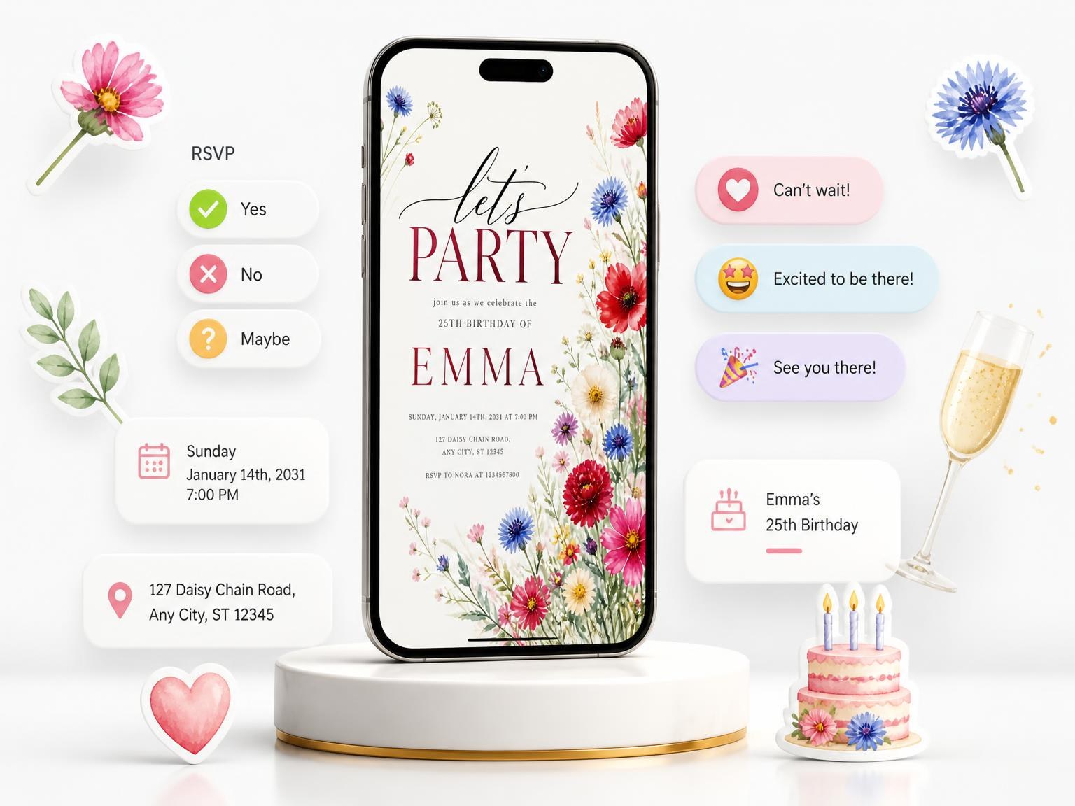 The Wildflower Meadow Scarlet 25th Birthday Invitation invitation on a phone, with guest RSVPs arriving around it