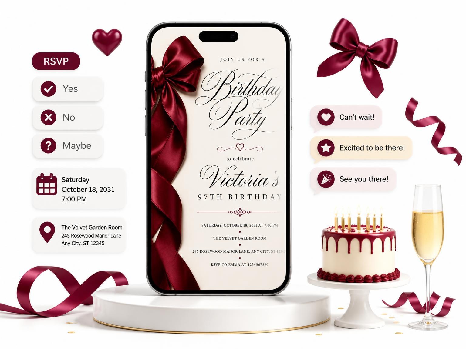 The Burgundy Satin Bow 97th Birthday Invitation invitation on a phone, with guest RSVPs arriving around it