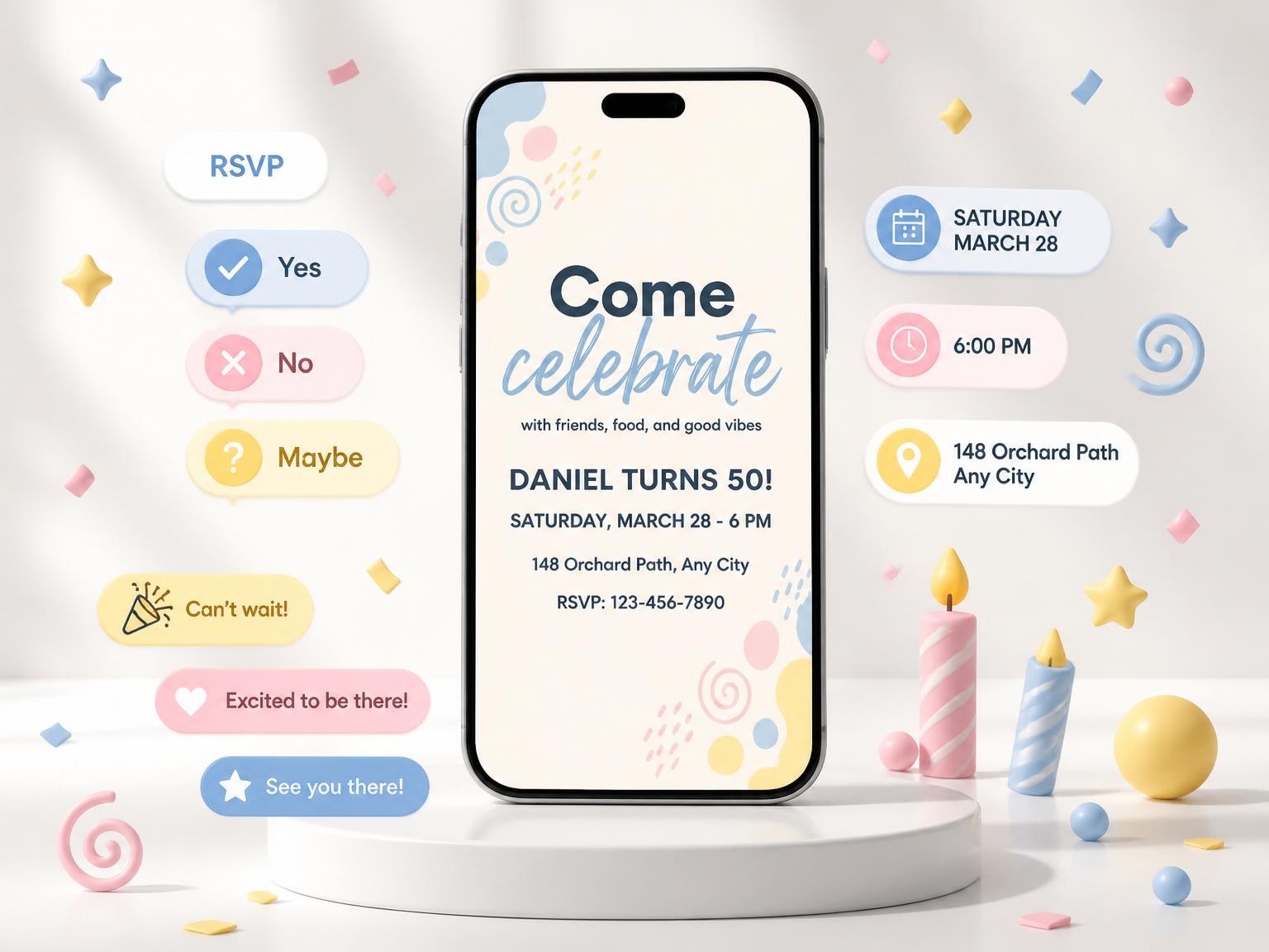 The Pastel Abstract Shape 50th Birthday Invitation invitation on a phone, with guest RSVPs arriving around it