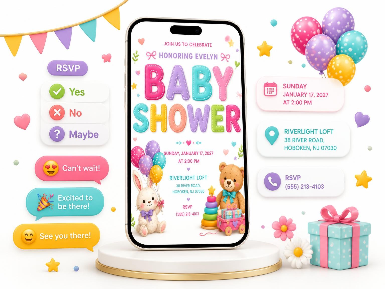 The White Bunny Baby Shower Invitation invitation on a phone, with guest RSVPs arriving around it