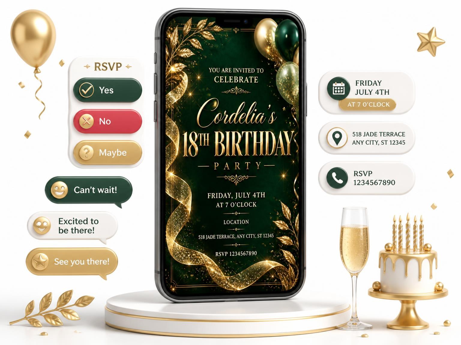 The Emerald and Champagne 18th Birthday Invitation invitation on a phone, with guest RSVPs arriving around it