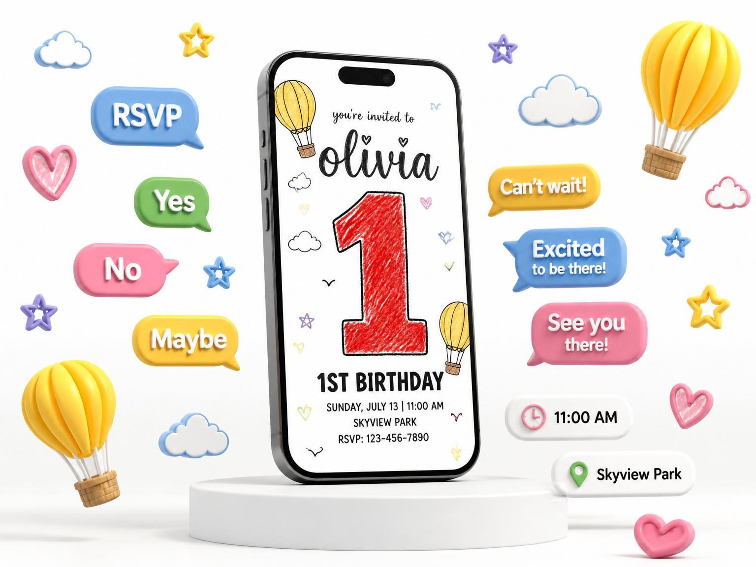 The Crayon Doodle Hot Air Balloon 1st Birthday invitation on a phone, with guest RSVPs arriving around it