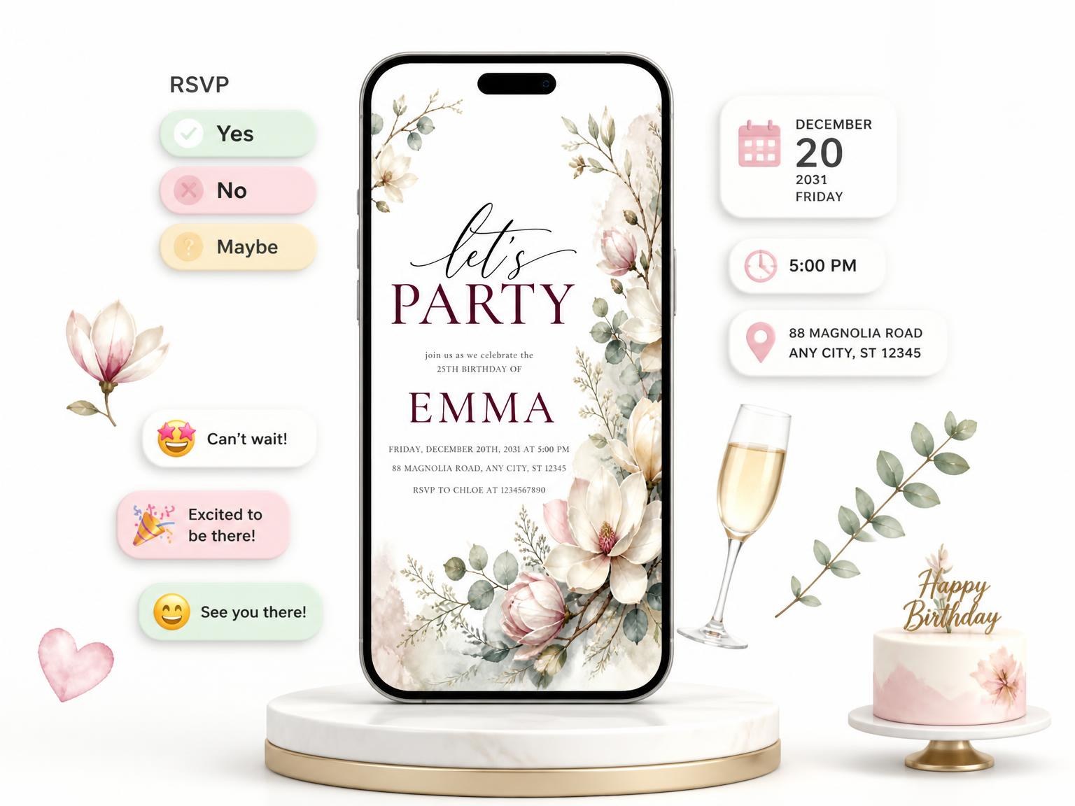 The Magnolia Eucalyptus Ivory 25th Birthday Invitation invitation on a phone, with guest RSVPs arriving around it