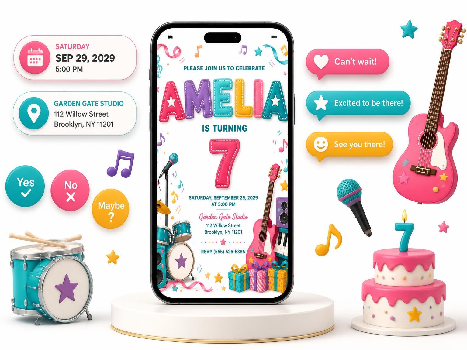 The Stitched Rock Star 7th Birthday Invitation invitation on a phone, with guest RSVPs arriving around it