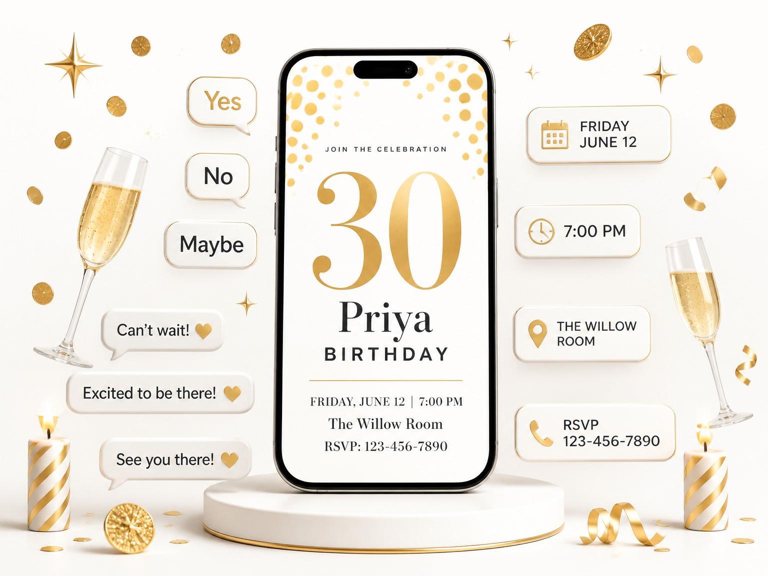 The Gold Foil Confetti 30th Birthday invitation on a phone, with guest RSVPs arriving around it