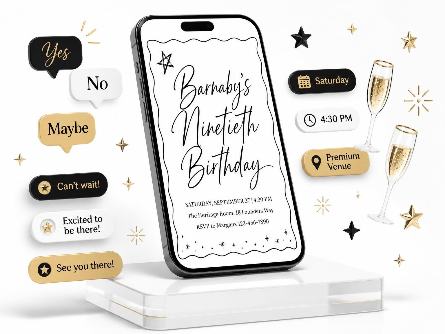 The Black Ink Wavy Border Birthday invitation on a phone, with guest RSVPs arriving around it