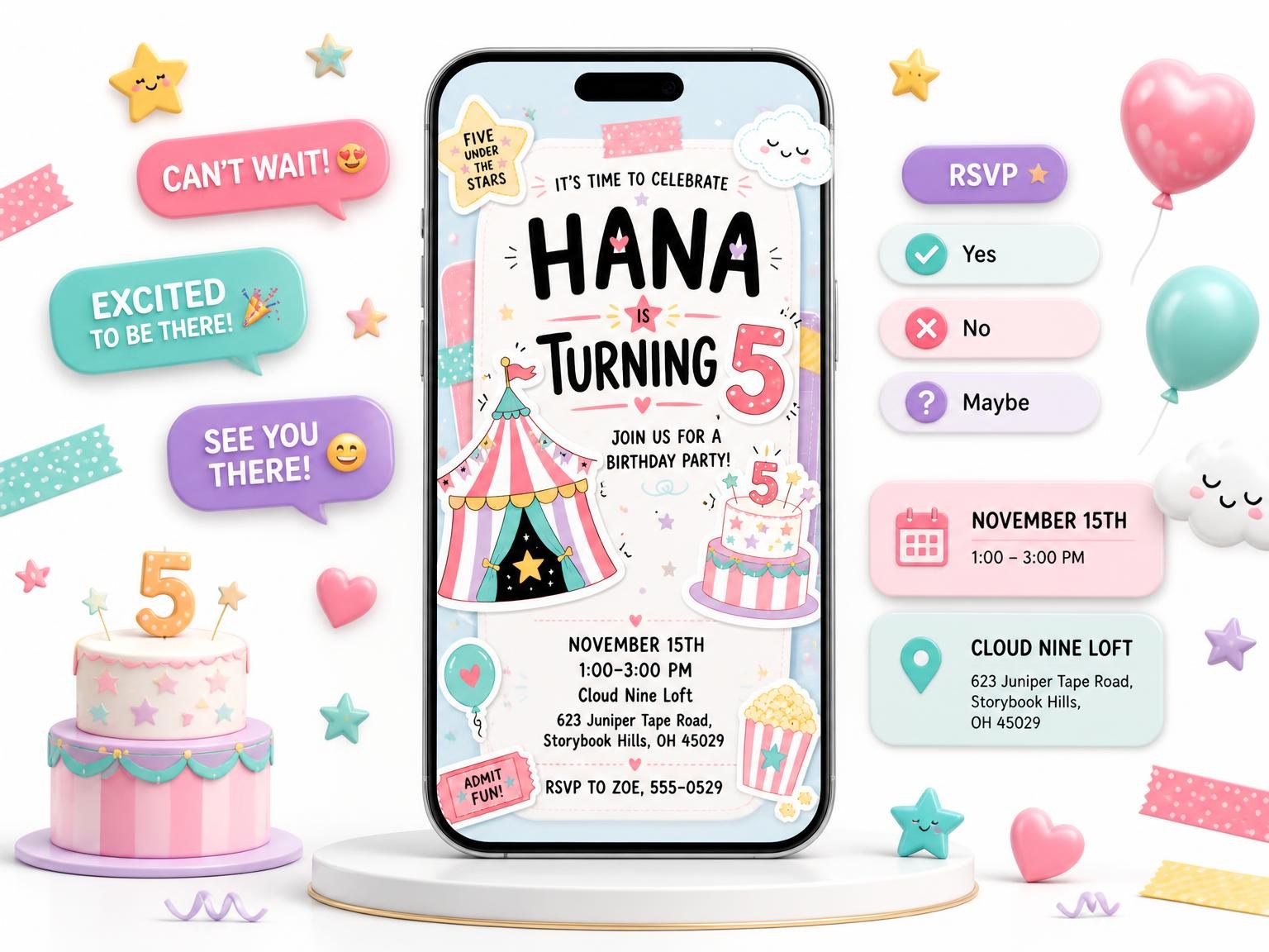 The Circus Tent Pastel 5th Birthday Invitation invitation on a phone, with guest RSVPs arriving around it