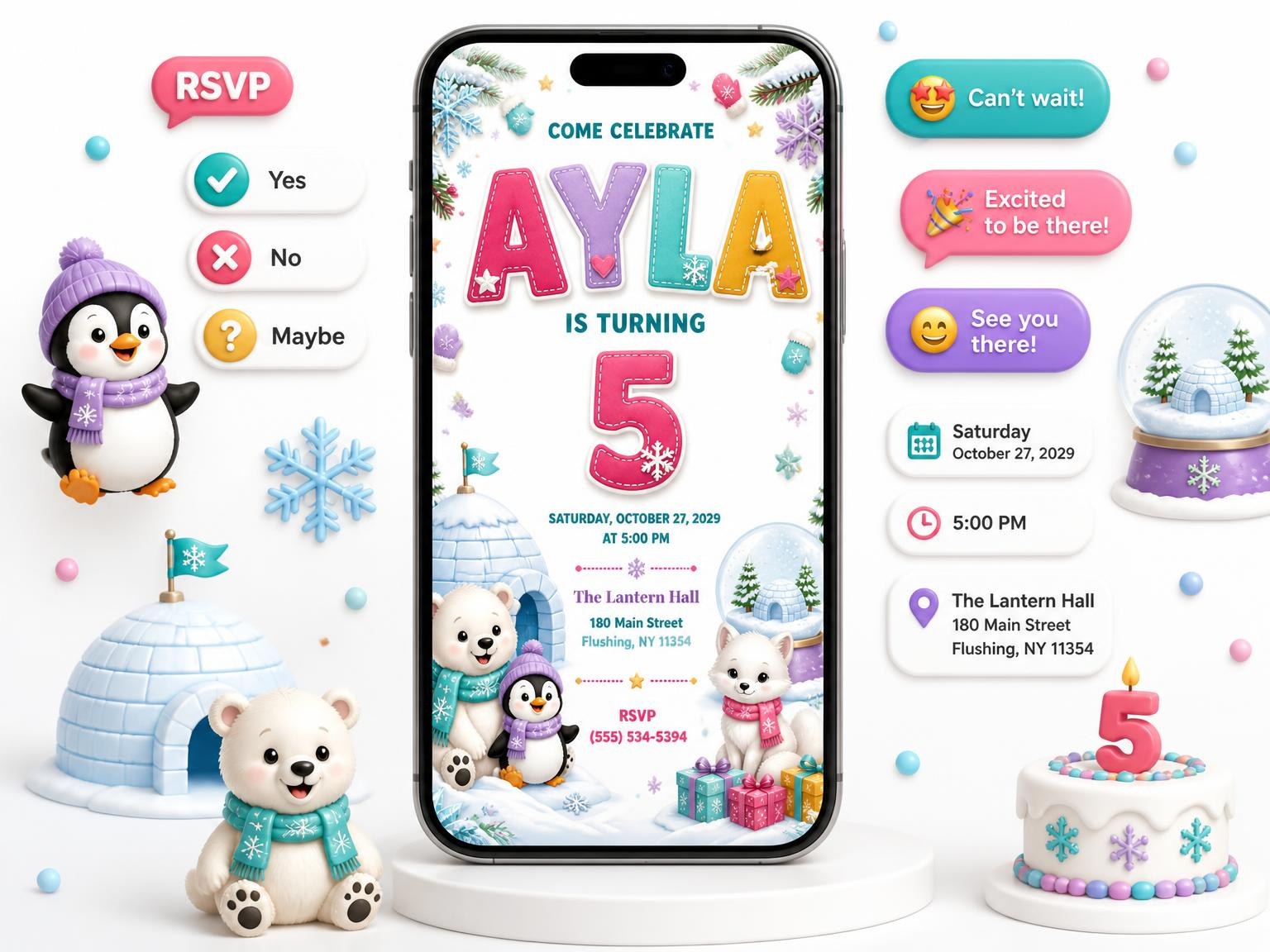 The Stitched Winter Polar 5th Birthday Invitation invitation on a phone, with guest RSVPs arriving around it