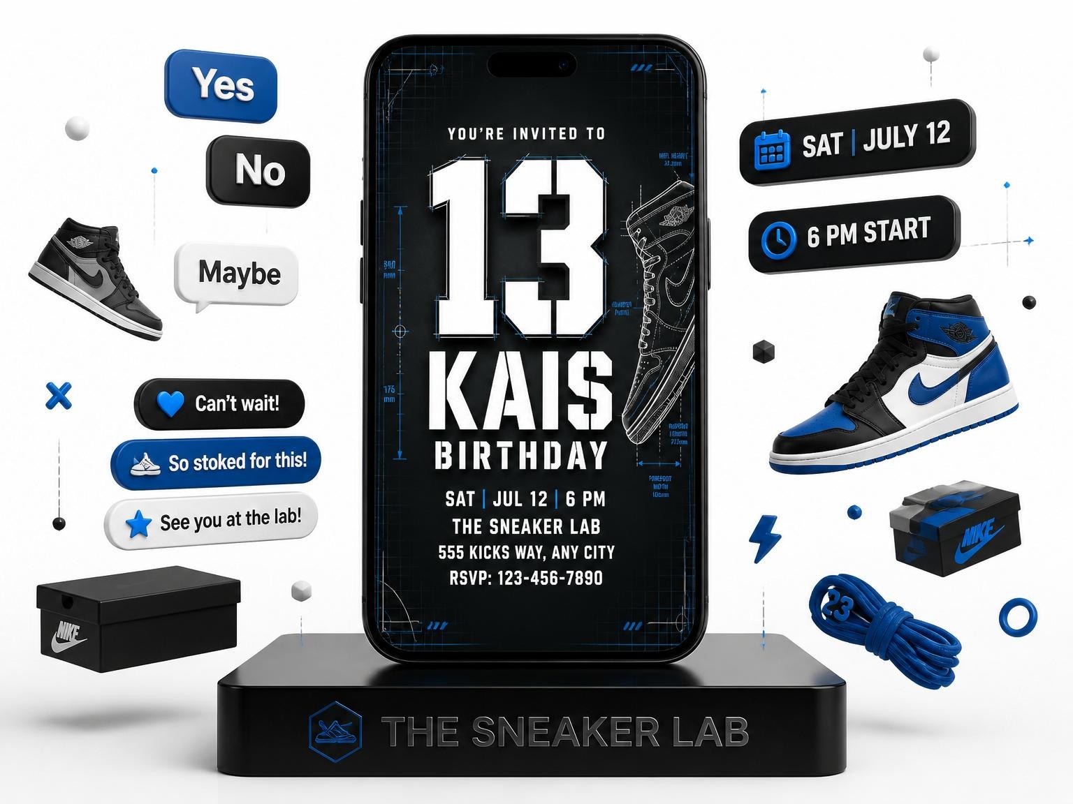 The Industrial Sneaker Blueprint 13th Birthday Invitation invitation on a phone, with guest RSVPs arriving around it
