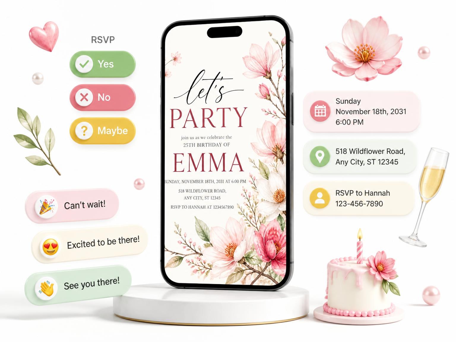 The Blossoms Buds Blush 25th Birthday Invitation invitation on a phone, with guest RSVPs arriving around it
