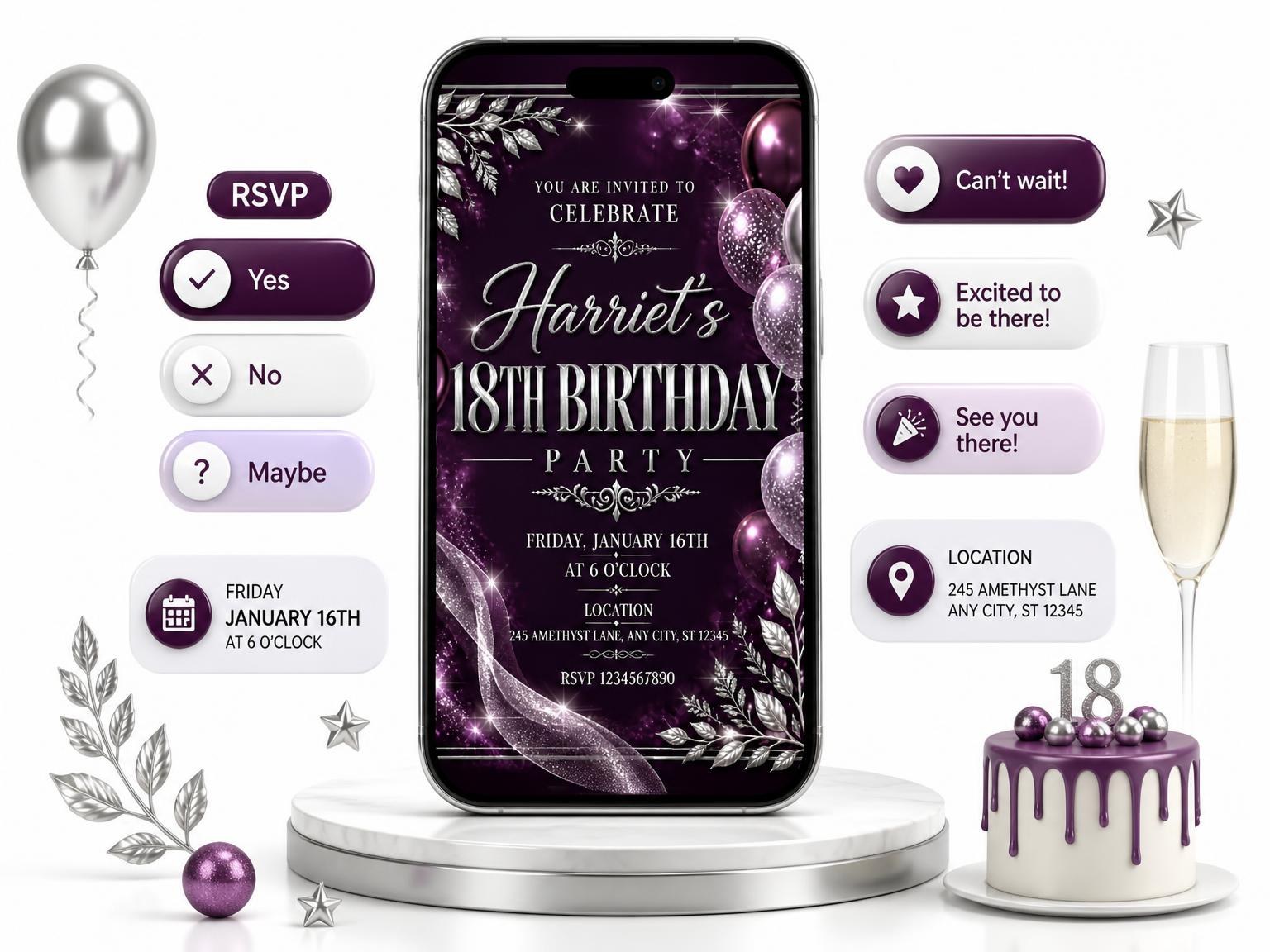 The Plum and Silver 18th Birthday Invitation invitation on a phone, with guest RSVPs arriving around it