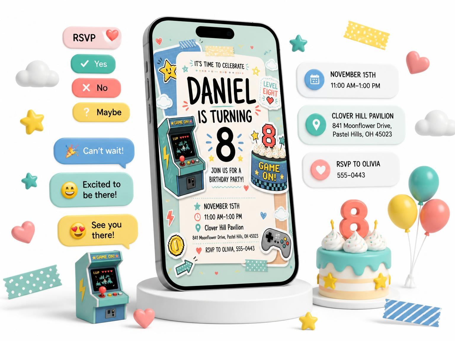 The Retro Arcade 8th Birthday Invitation invitation on a phone, with guest RSVPs arriving around it