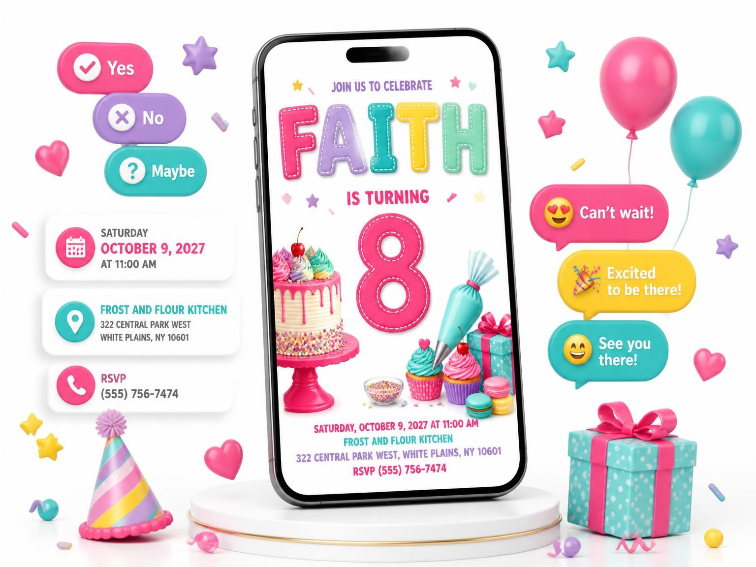 The Stitched Cupcake Bakery 8th Birthday Invitation invitation on a phone, with guest RSVPs arriving around it