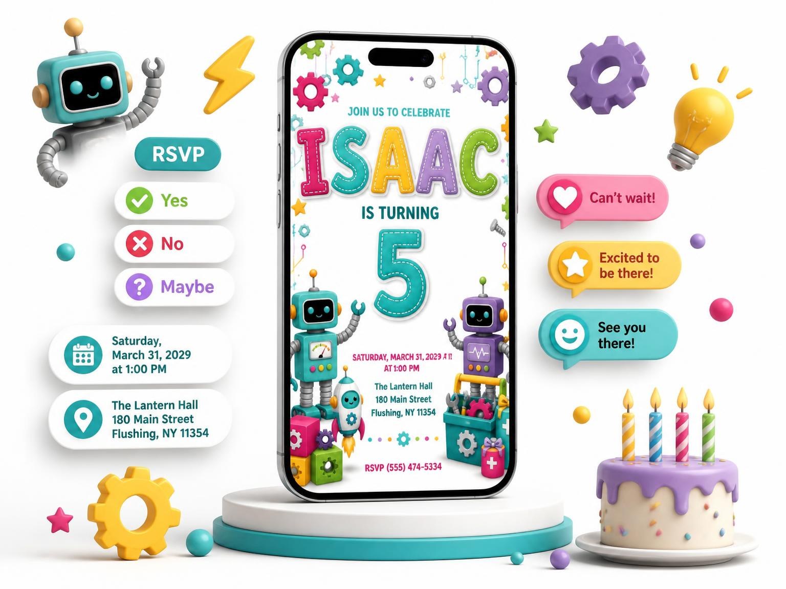 The Stitched Robot 5th Birthday Invitation invitation on a phone, with guest RSVPs arriving around it