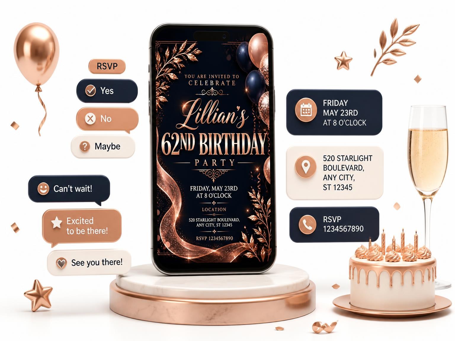 The Navy and Rose Gold 62nd Birthday Invitation invitation on a phone, with guest RSVPs arriving around it
