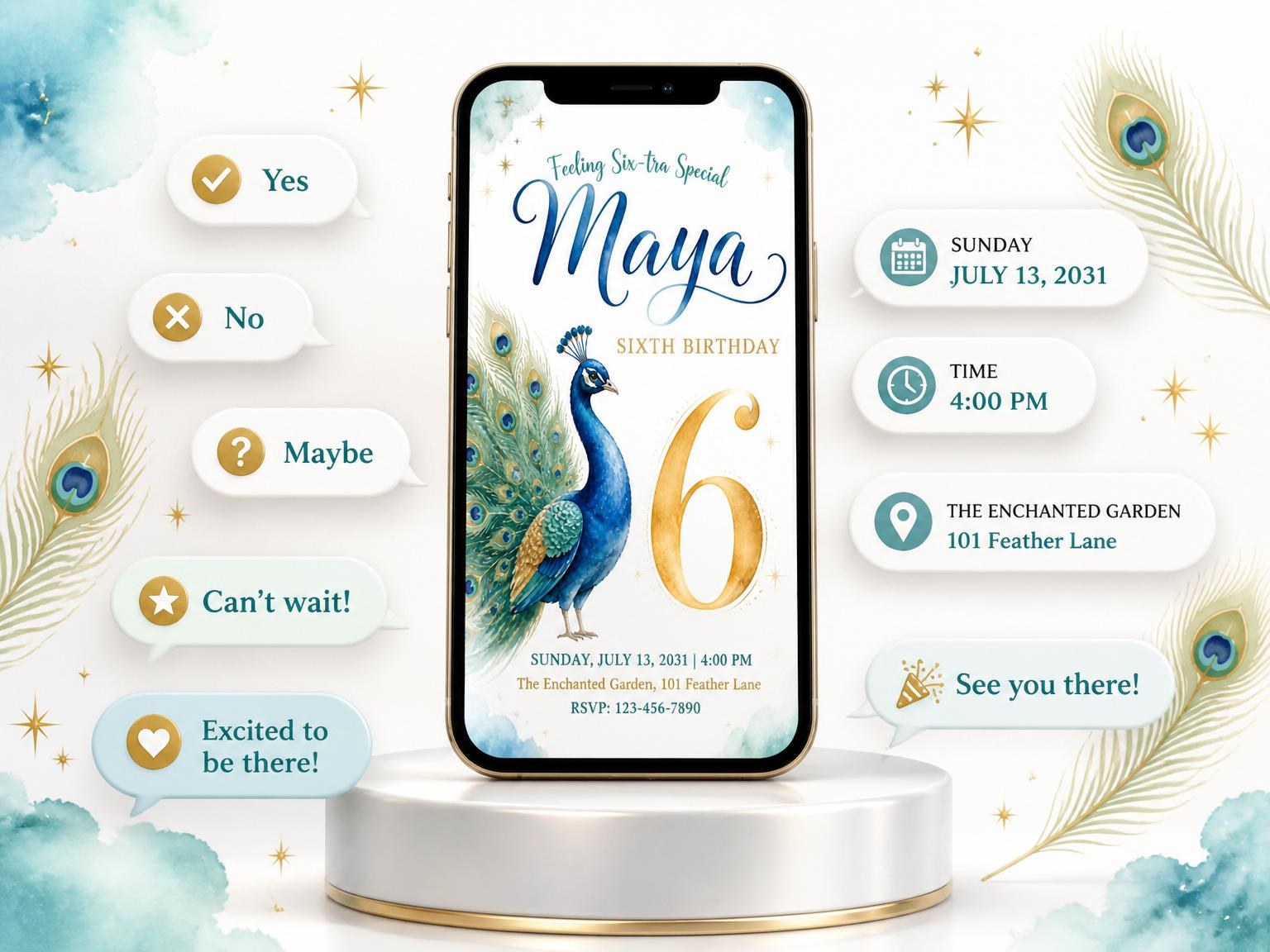 The Watercolor Teal Peacock 6th Birthday Invitation invitation on a phone, with guest RSVPs arriving around it